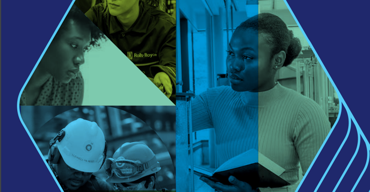 Mosaic of blue and green images of engineers at work in a hexagon